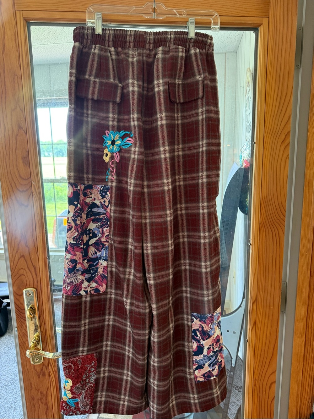 AKIRA Brown/Red Plaid Wide-Leg Pants with Floral Patchwork - Picture 13 of 13